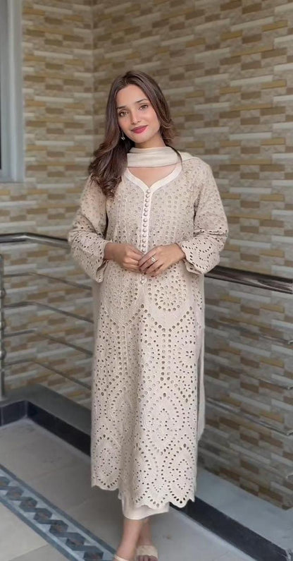 Beige Brown Chikan Hakoba Designer Ready-to-Wear Suits Plus Sizes available