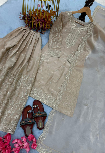 Beige Ethereal Silk Embroidered Ensemble Eid Special