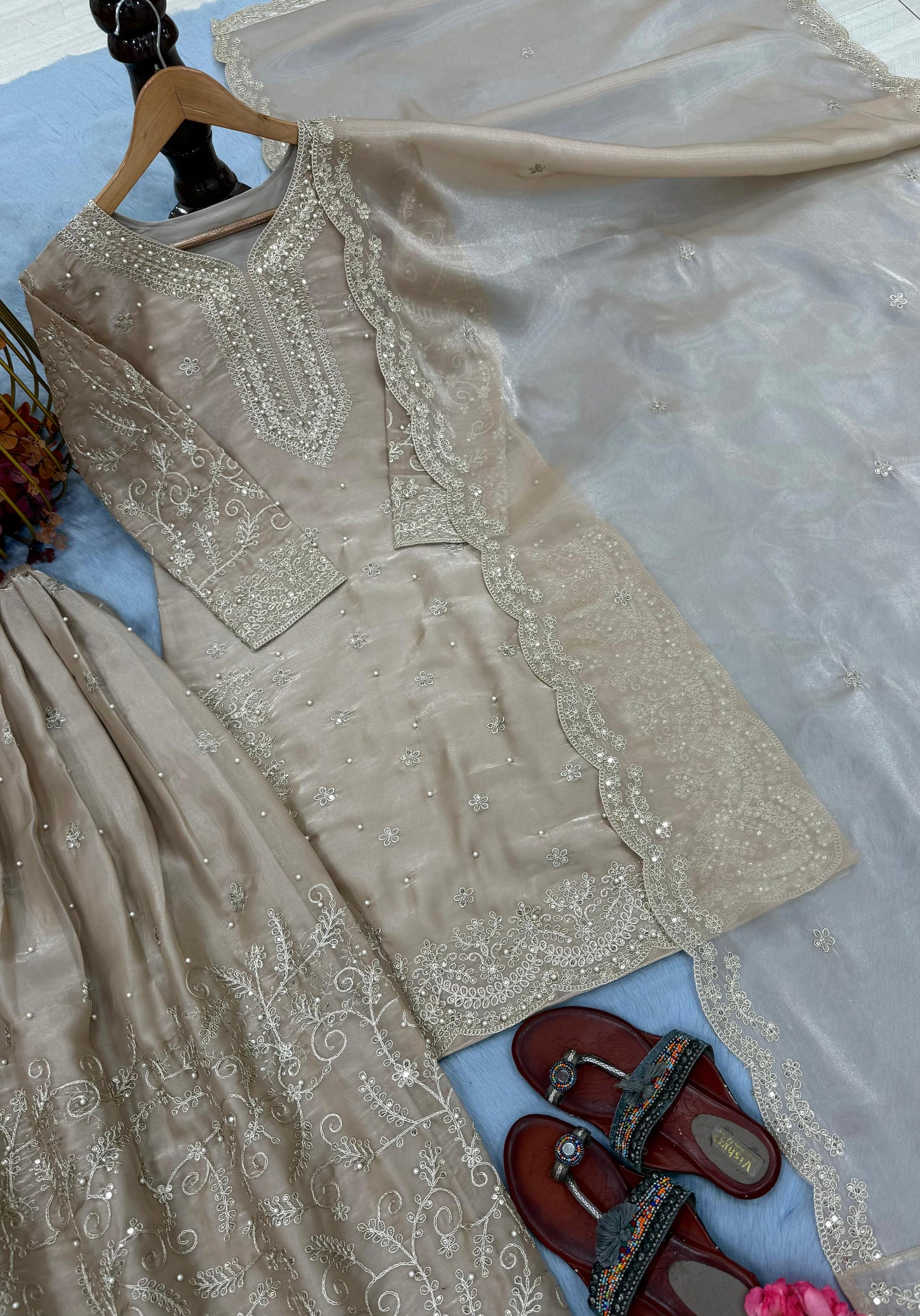 Beige Ethereal Silk Embroidered Ensemble Eid Special