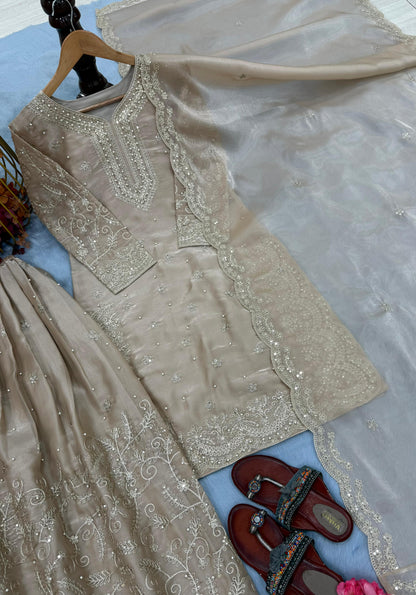 Beige Ethereal Silk Embroidered Ensemble Eid Special