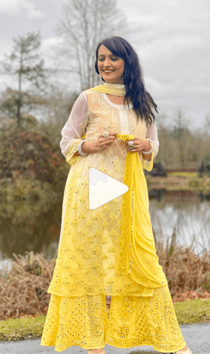 Best Seller Yellow Chikankari Elegance Ombré Mirror Booti Jaal Set - Kurti, Sharara & Dupatta -(Inner Included) - Inayakhan Shop 