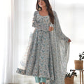 Blue Vibrant Floral Chiffon Anarkali Gown Set | Ready to Wear