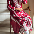 Dark red Premium Lucknow Chikankari Modal Kurti Set with Handwork Palazzo – Elegant Ethnic Wear