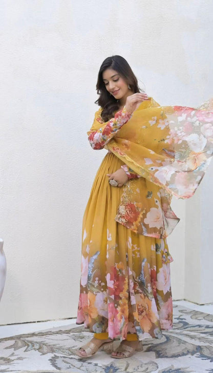 Yellow Enchanting Floral Georgette Gown & Pant Set with Embroidered Dupatta