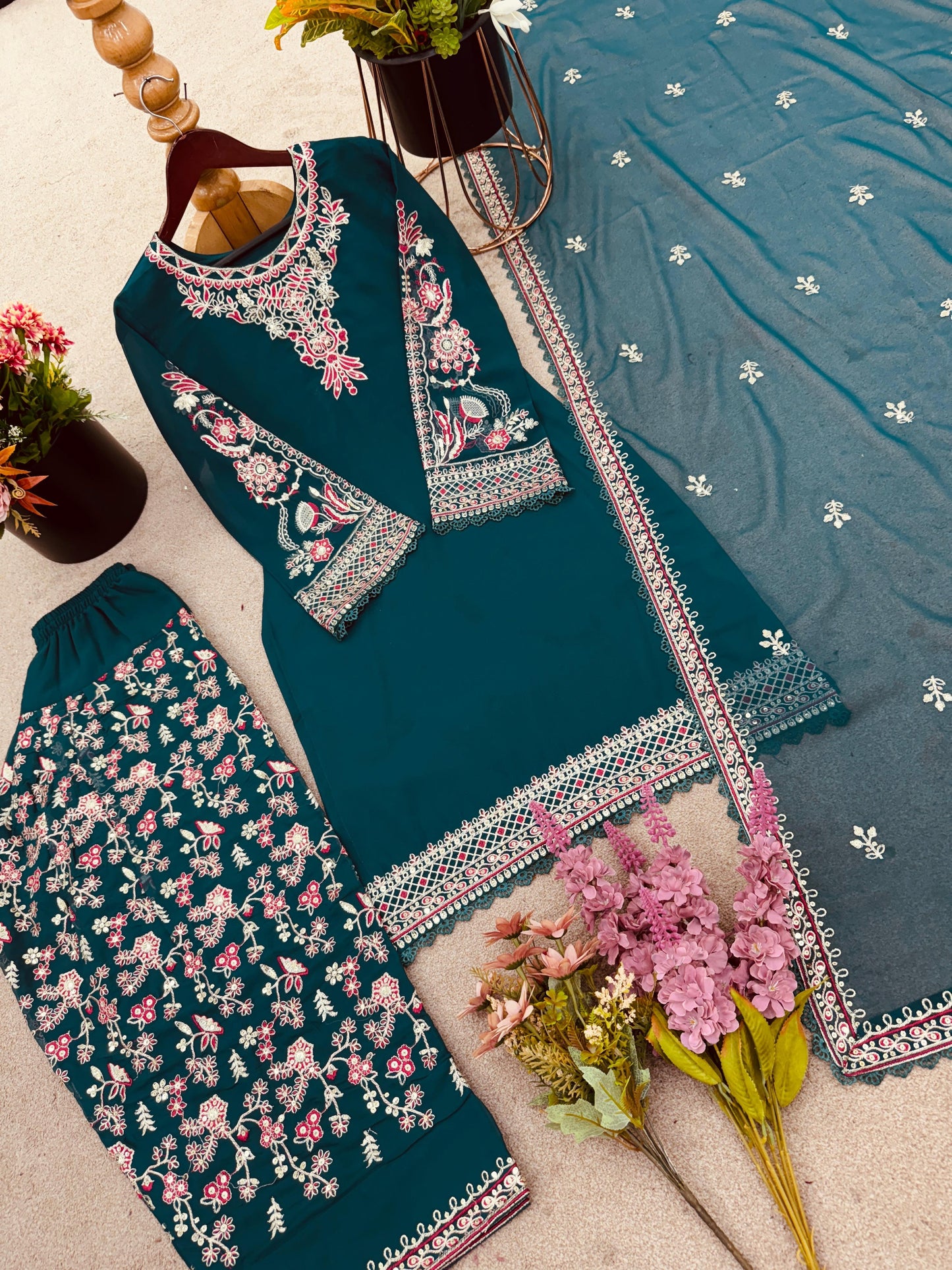 Teal Green Designer Georgette Top-Dhoti and Dupatta Set
