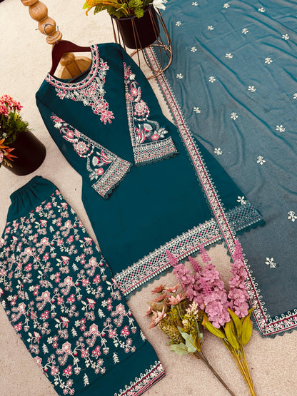 Teal Green Designer Georgette Top-Dhoti and Dupatta Set