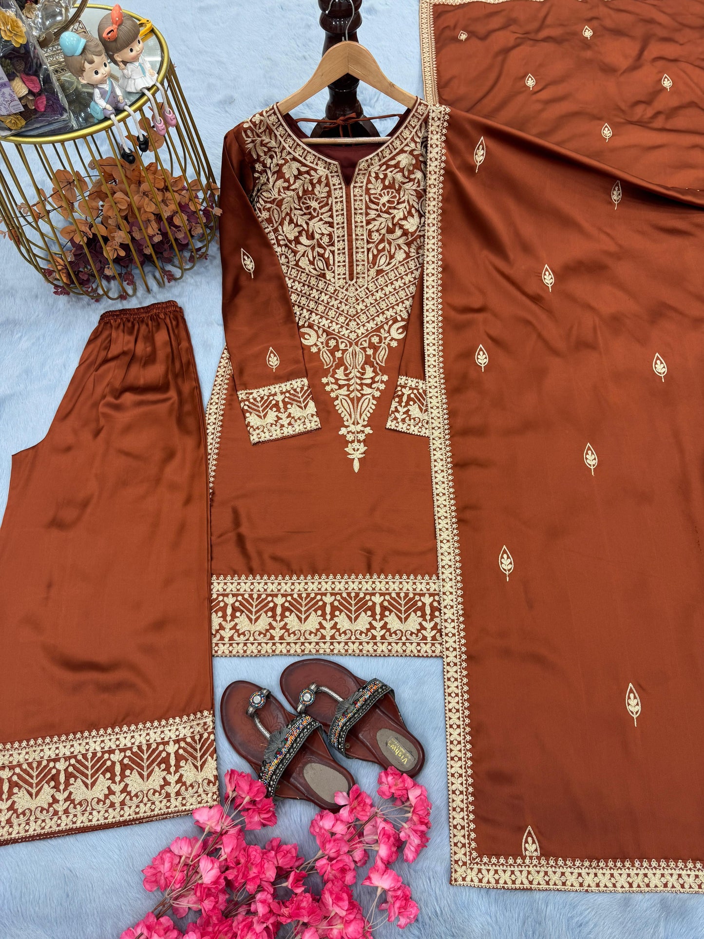 Brown Designer Pure Chinon Silk Embroidered Top & Palazzo Set with Dupatta