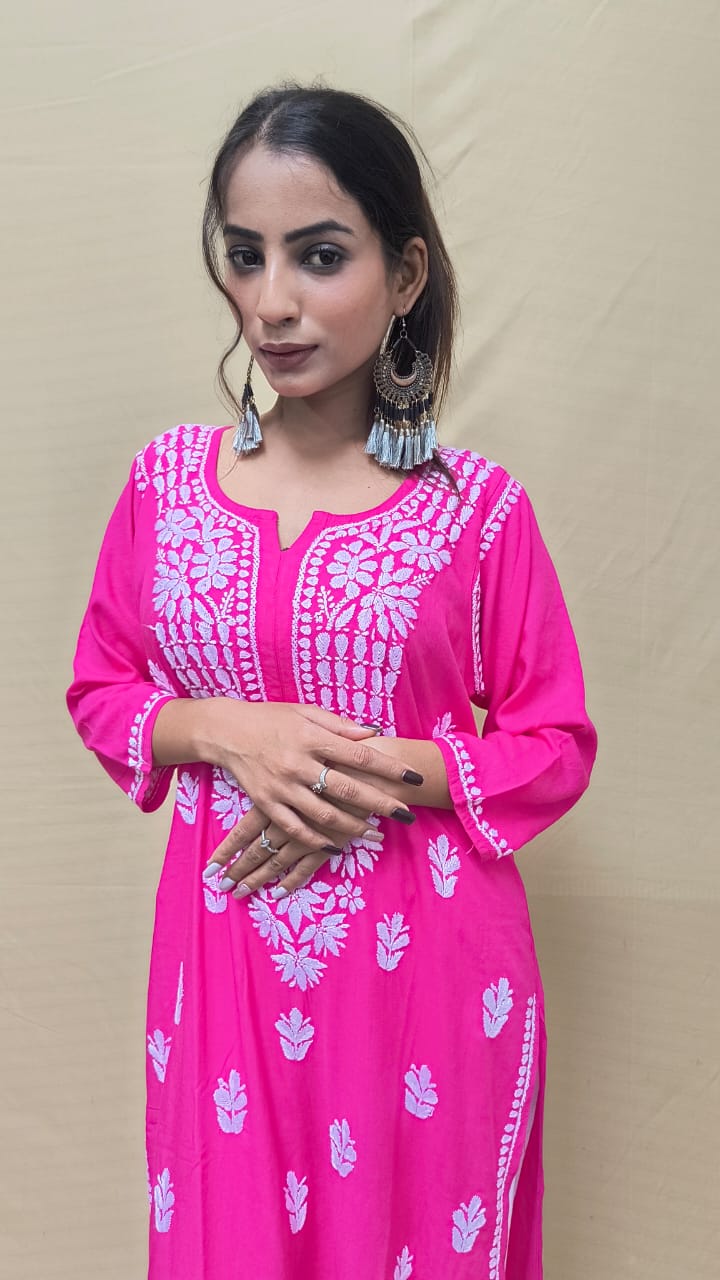 Pink Premium Lucknow Chikankari Rayon Kurti with Cotton Palazzo