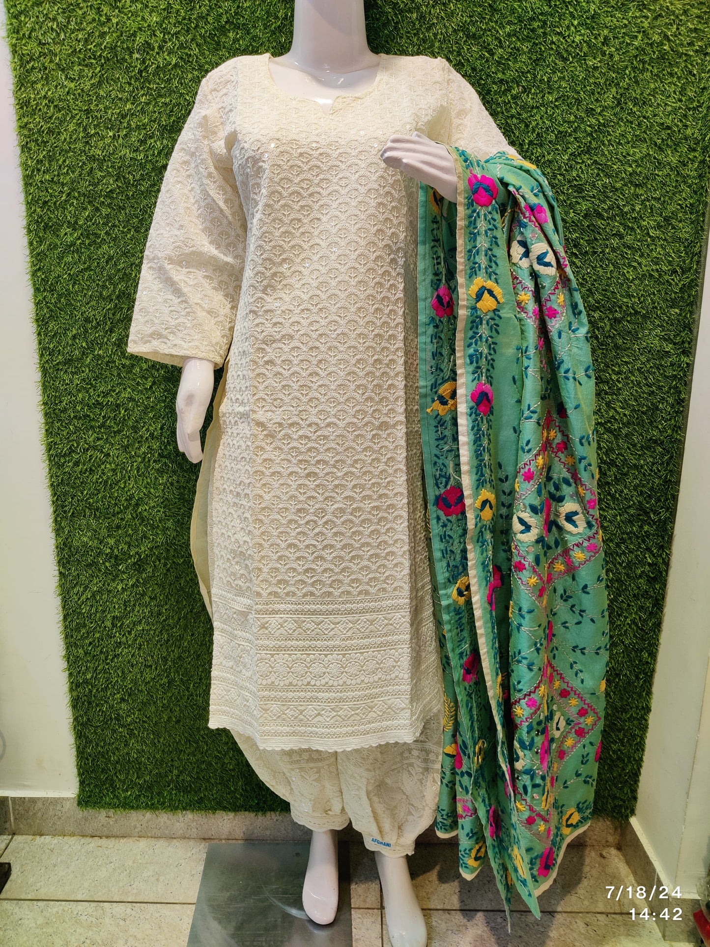 Design 6 - Chikankari Kurti with Chikan Afghani and Handworked Super Champ Raw Silk Handcrafted Dupatta