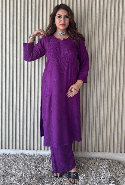 Dark Purple Lucknow Chikankari Rayon Kurta Palazzo Co-ord Set with Tone-to-Tone Hand Embroidery