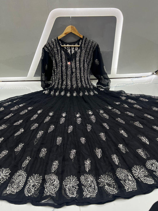 Black 56" Kali Chikankari Anarkali with Inner - Inayakhan Shop 