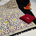 Black & Maroon Handmade Mirror Work Raw Silk Pom Pom Dupatta Set