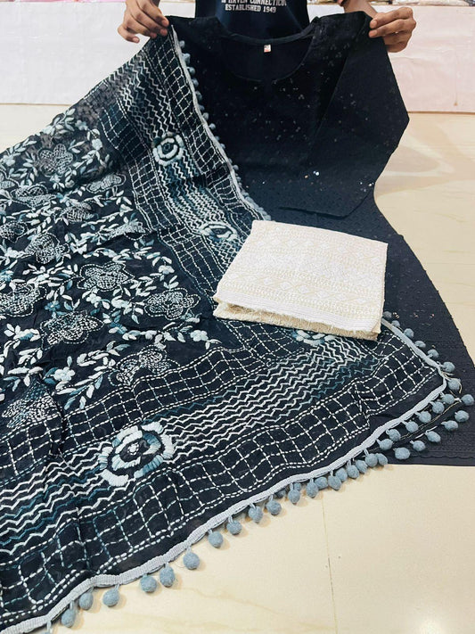Black & White Chikankari Sequin Work Ready-to-Wear Kurti, Plazo, and Dupatta Set - Inayakhan Shop 
