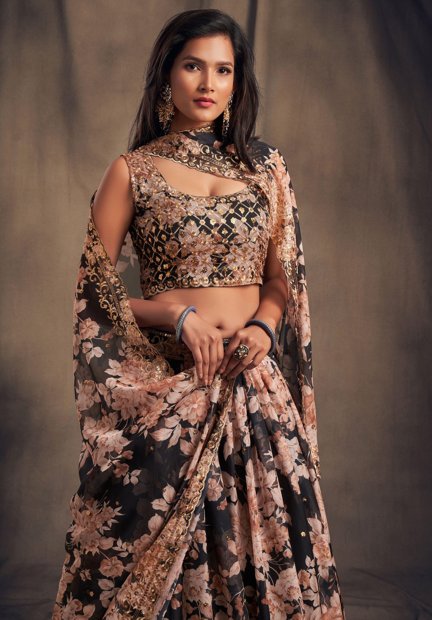 Black Blossom Beauty Floral Custom Lehenga with Big Flair - Inayakhan Shop