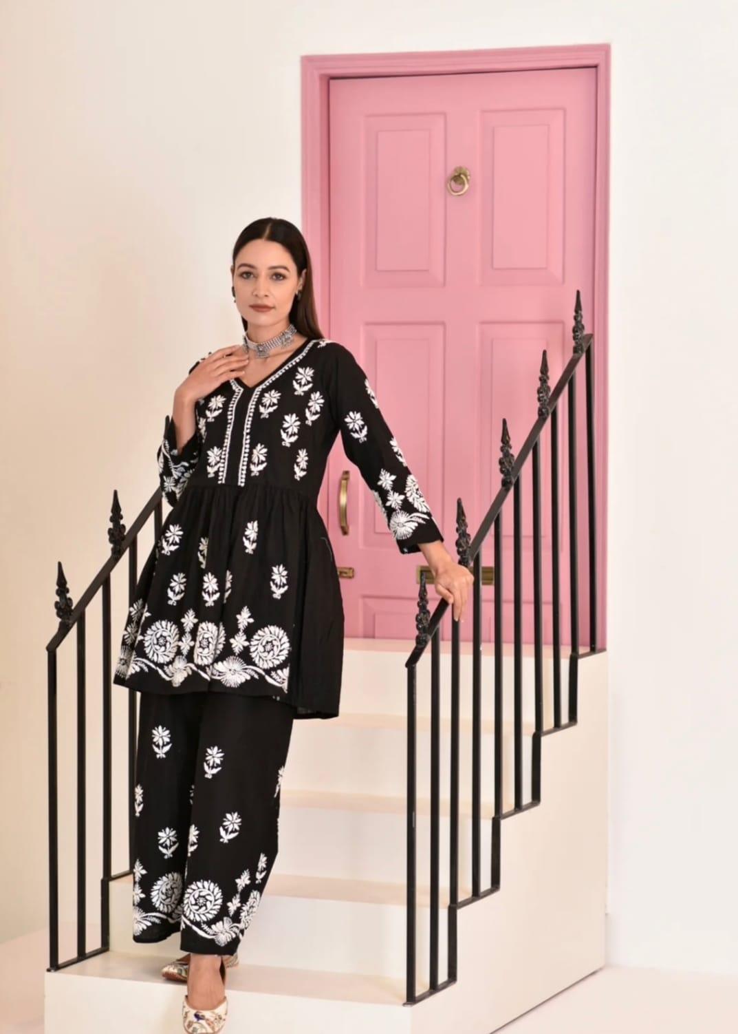 Black Chikankari Cotton Short Gown Palazzo Sets - Inayakhan Shop 