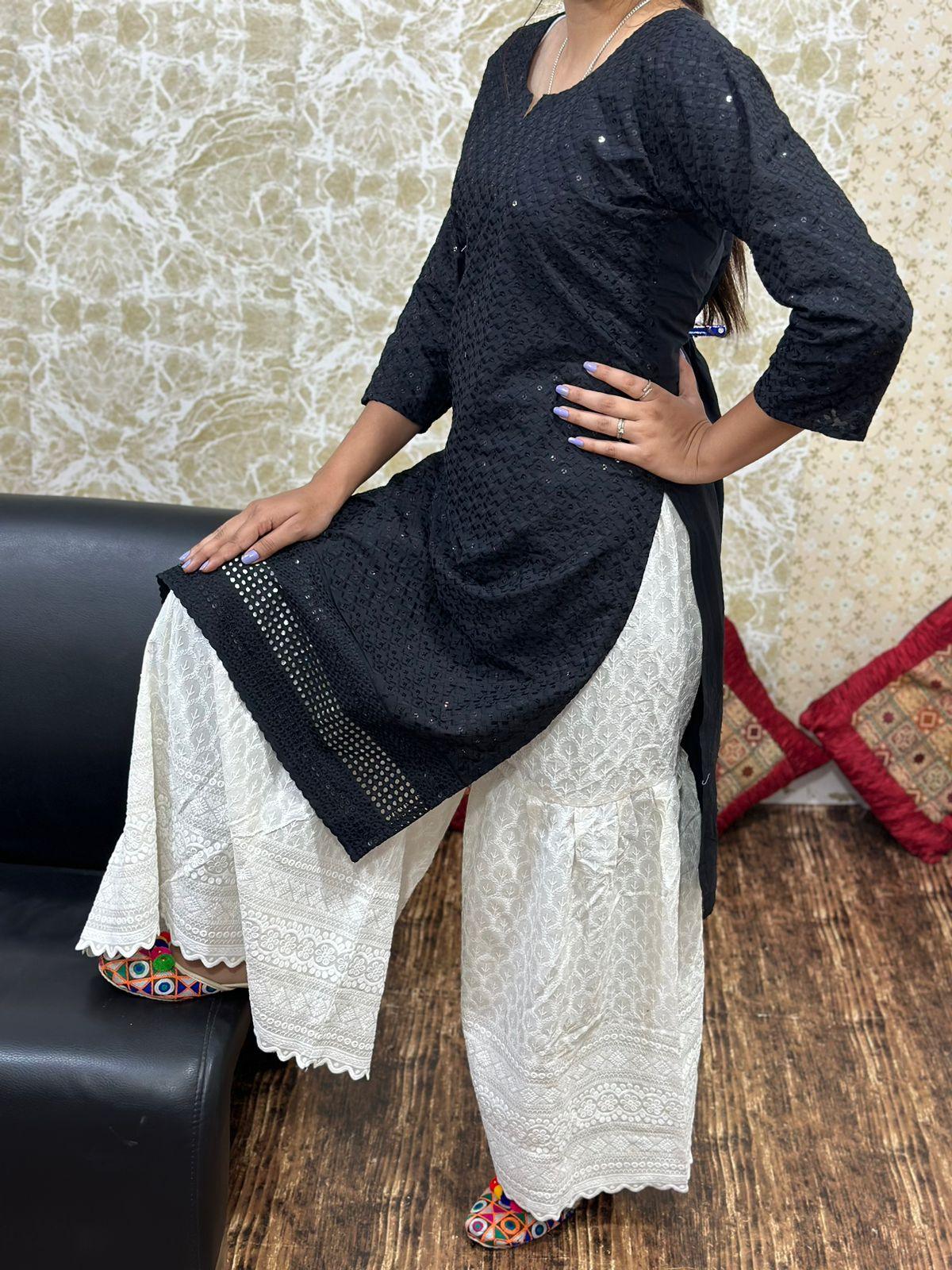 Black Cutwork Embroidered Kurti with Full Chikan Ghaara Set - Inayakhan Shop 