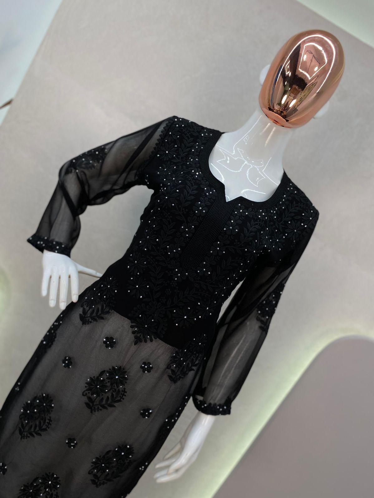 Black Diamond Elegance Georgette Top with Rayon Palazzo - Inayakhan Shop 