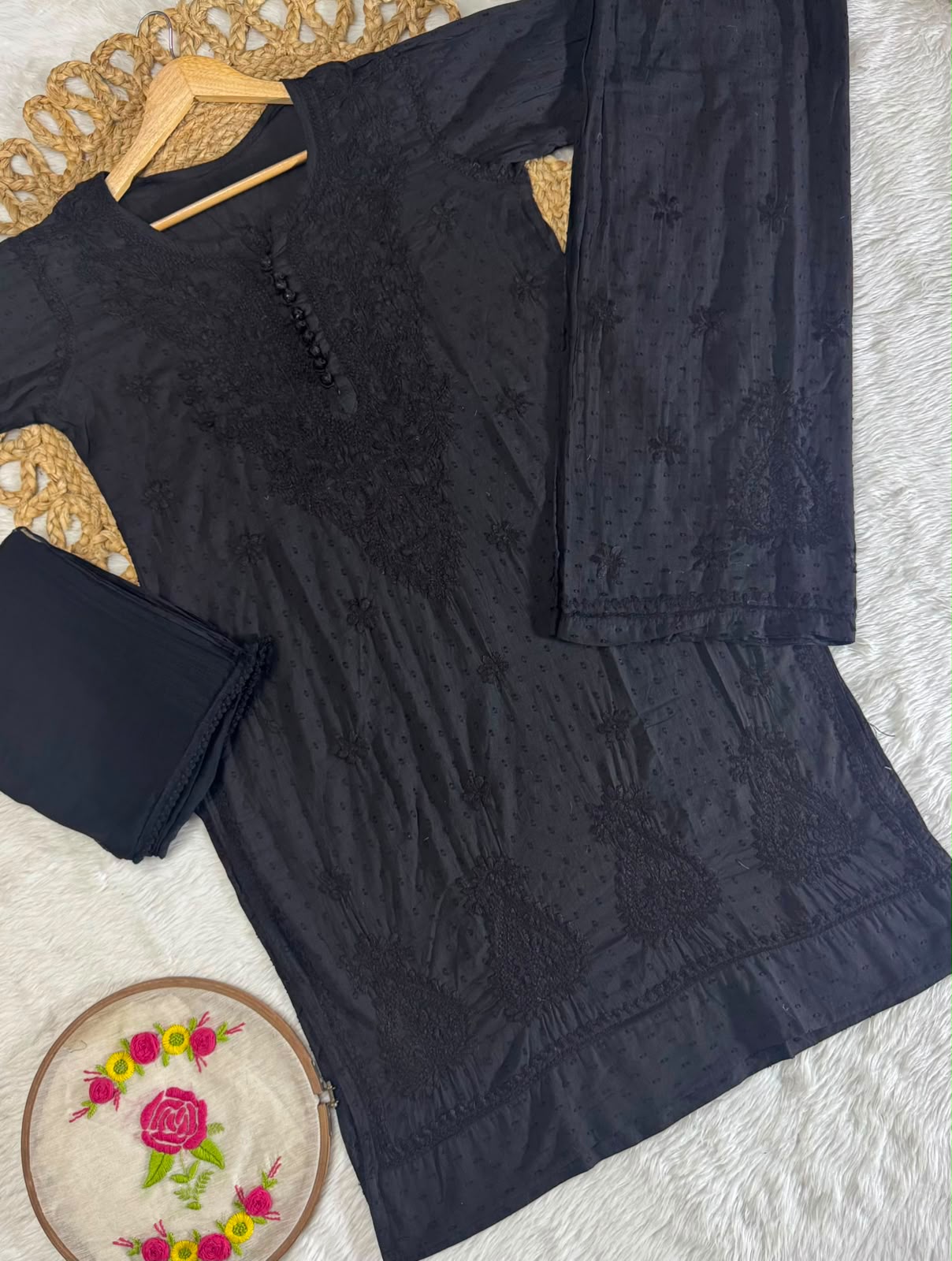 black Dobby cotton Chikankari kurti palazzo and dupatta set