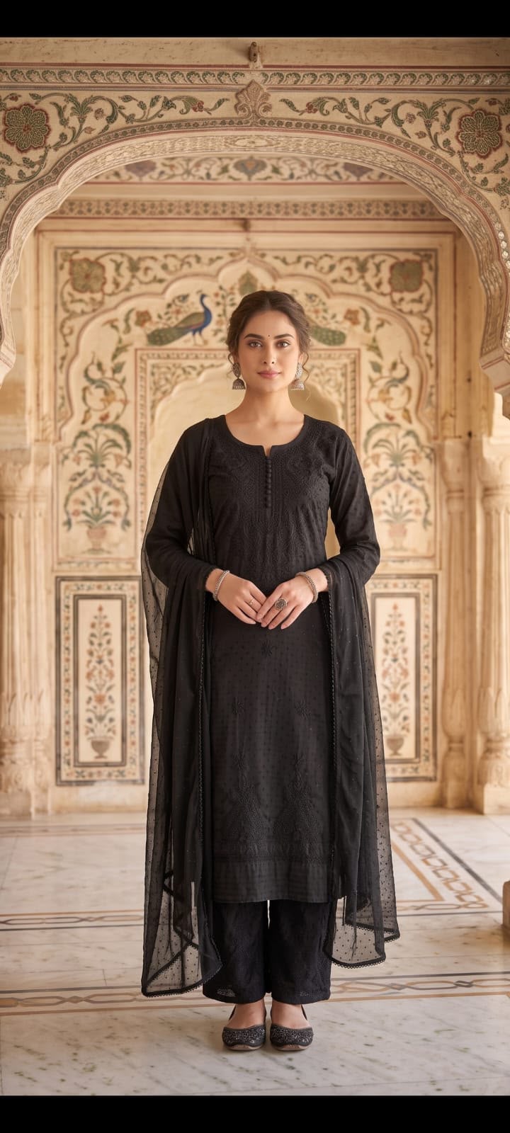 plus size black Dobby cotton Chikankari kurti palazzo dupatta set on model