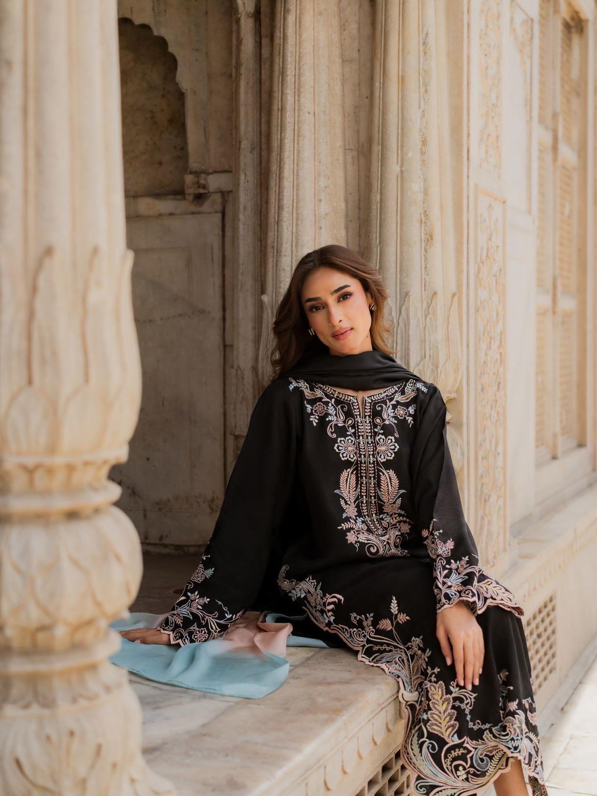 Black satin rayon embroidered kaftan set close up lifestyle image