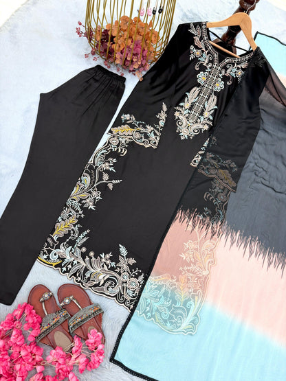 Black embroidered satin rayon kaftan set flat lay with matching bottom