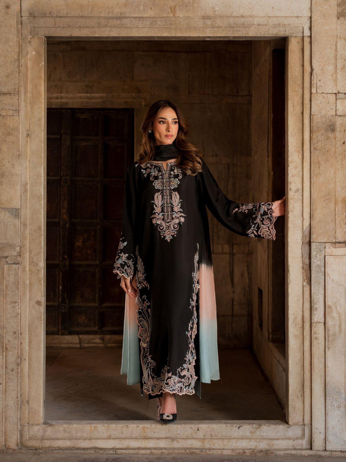 Black embroidered long satin rayon kaftan set front view