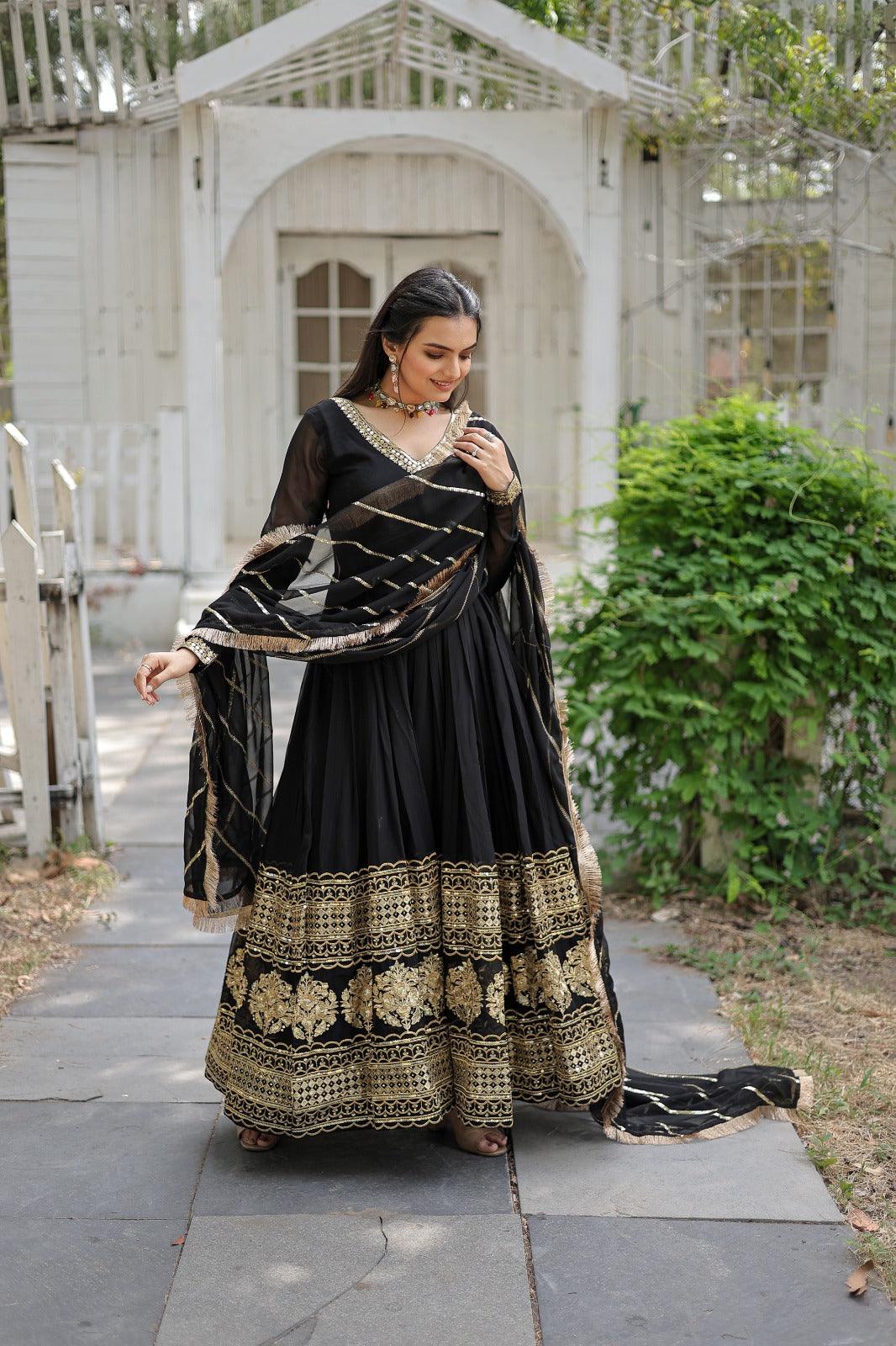 Black Enchanting Blooms Sequins Gown-Dupatta Collection - Inayakhan Shop 