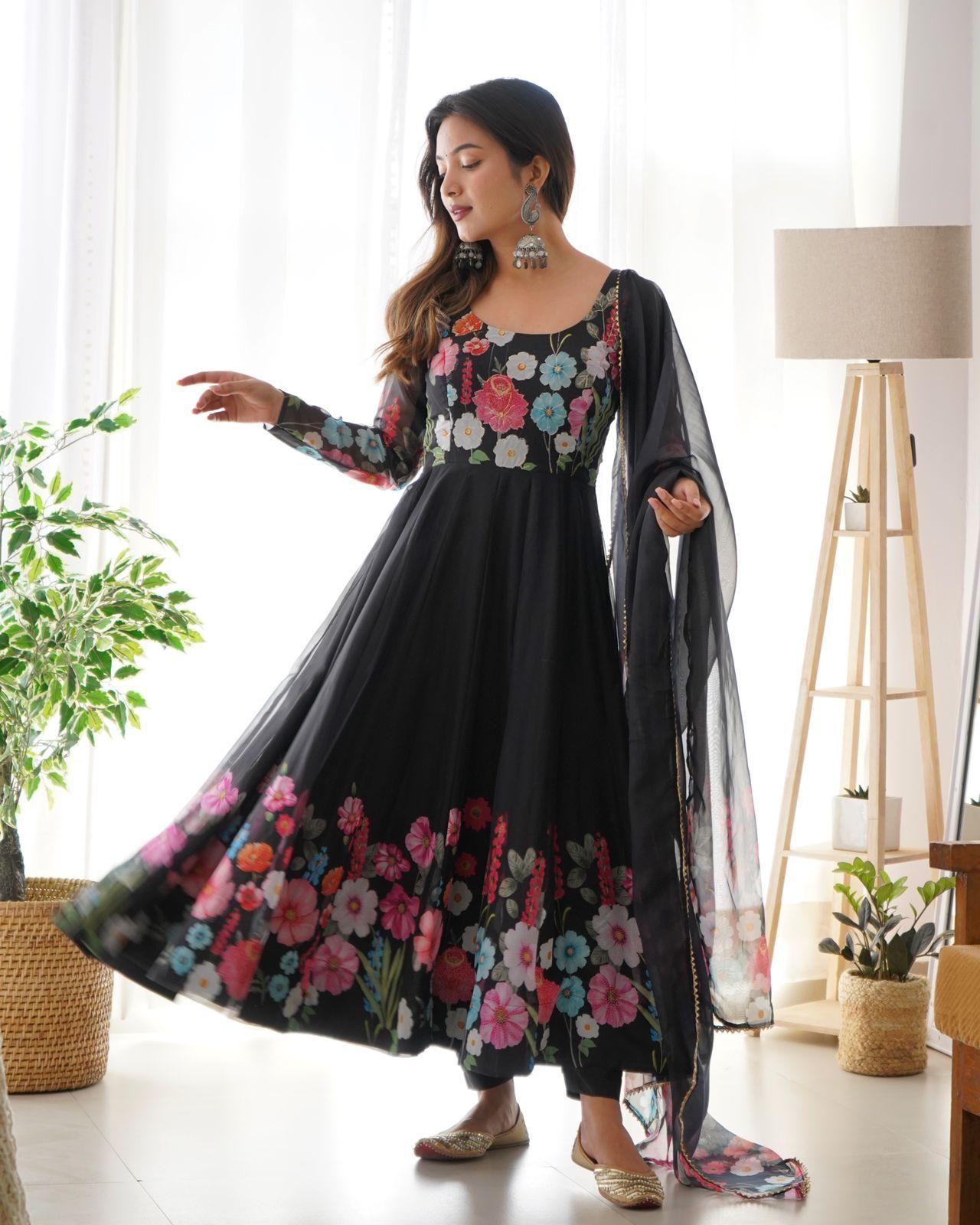 Black Floral Elegance Pure Soft Organza Silk Anarkali Set - Inayakhan Shop 
