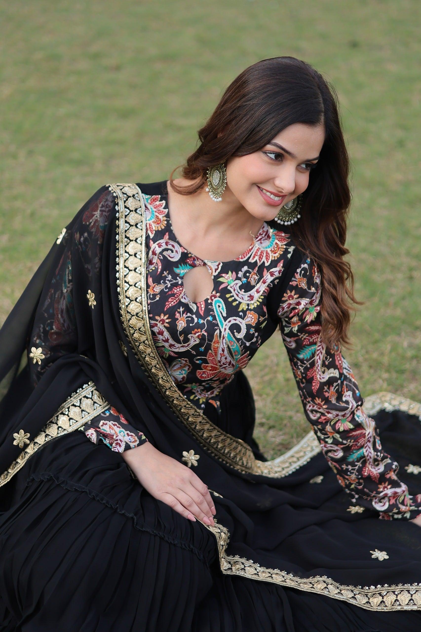 Black Floral Fantasy Gown-Dupatta Collection - Inayakhan Shop 