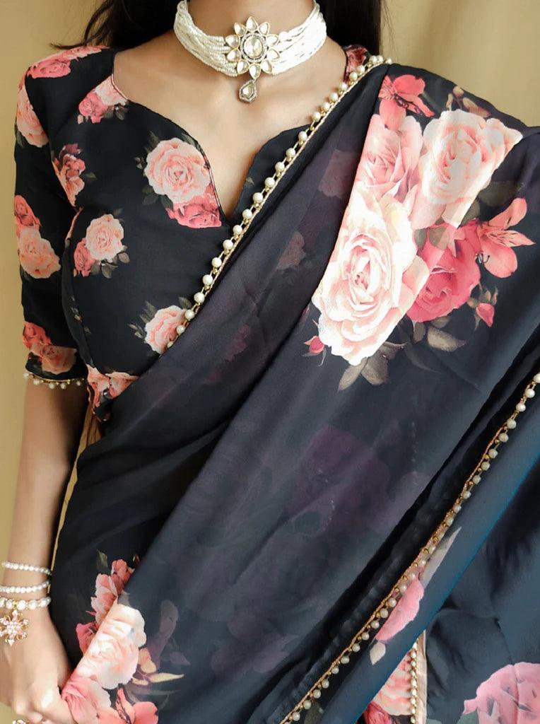 Black Floral Summer Classy Georgette Printed Saree with Pearl Lace Border - Inayakhan Shop 