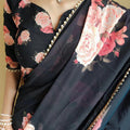 Black Floral Summer Classy Georgette Printed Saree with Pearl Lace Border