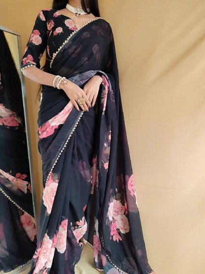 Black Floral Summer Classy Georgette Printed Saree with Pearl Lace Border - Inayakhan Shop 