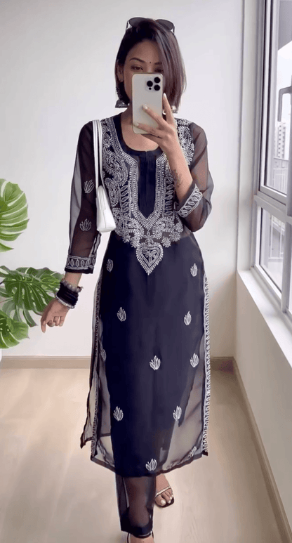 Black Georgette Chikankari Kurti with Matching Pants - Inayakhan Shop 