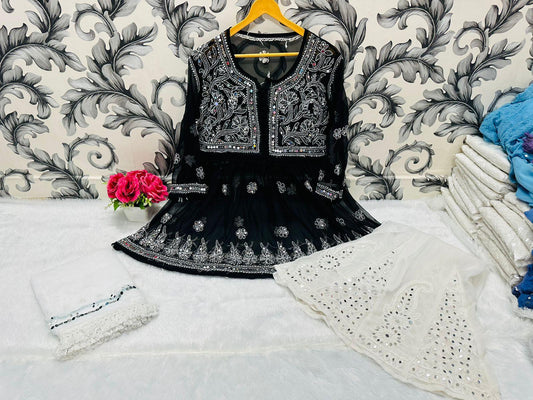 Black Glimmering Georgette Mirror Work Short Gown, Dupatta, and Sharara Full Combo Set - Inayakhan Shop 