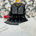 Black Glimmering Georgette Mirror Work Short Gown, Dupatta, and Sharara Full Combo Set