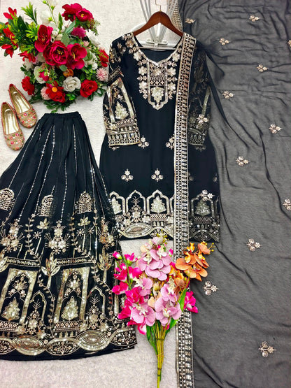 Black and gold sequin embroidered top sharara and dupatta set flat lay