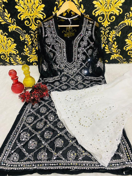 Black Graceful Lucknawi Georgette Chikankari Mirror Kurti with Mirror Sharara (INNER INCLUDED) - Inayakhan Shop 