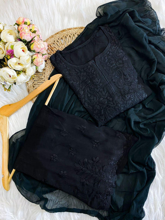 Black Handcrafted Soft Rayon 3-Piece Dyed Ombre Set - Inayakhan Shop 