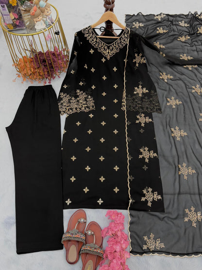 Black Inayakhan Designer Party Wear Faux Georgette Top, Plazzo, and Dupatta Set - Inayakhan Shop 