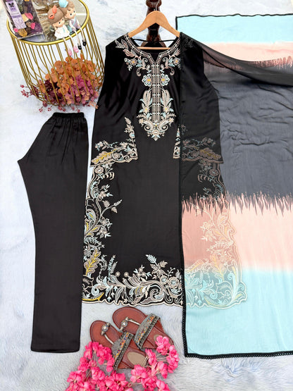 Black embroidered satin rayon kaftan with matching bottom and shaded dupatta flat lay
