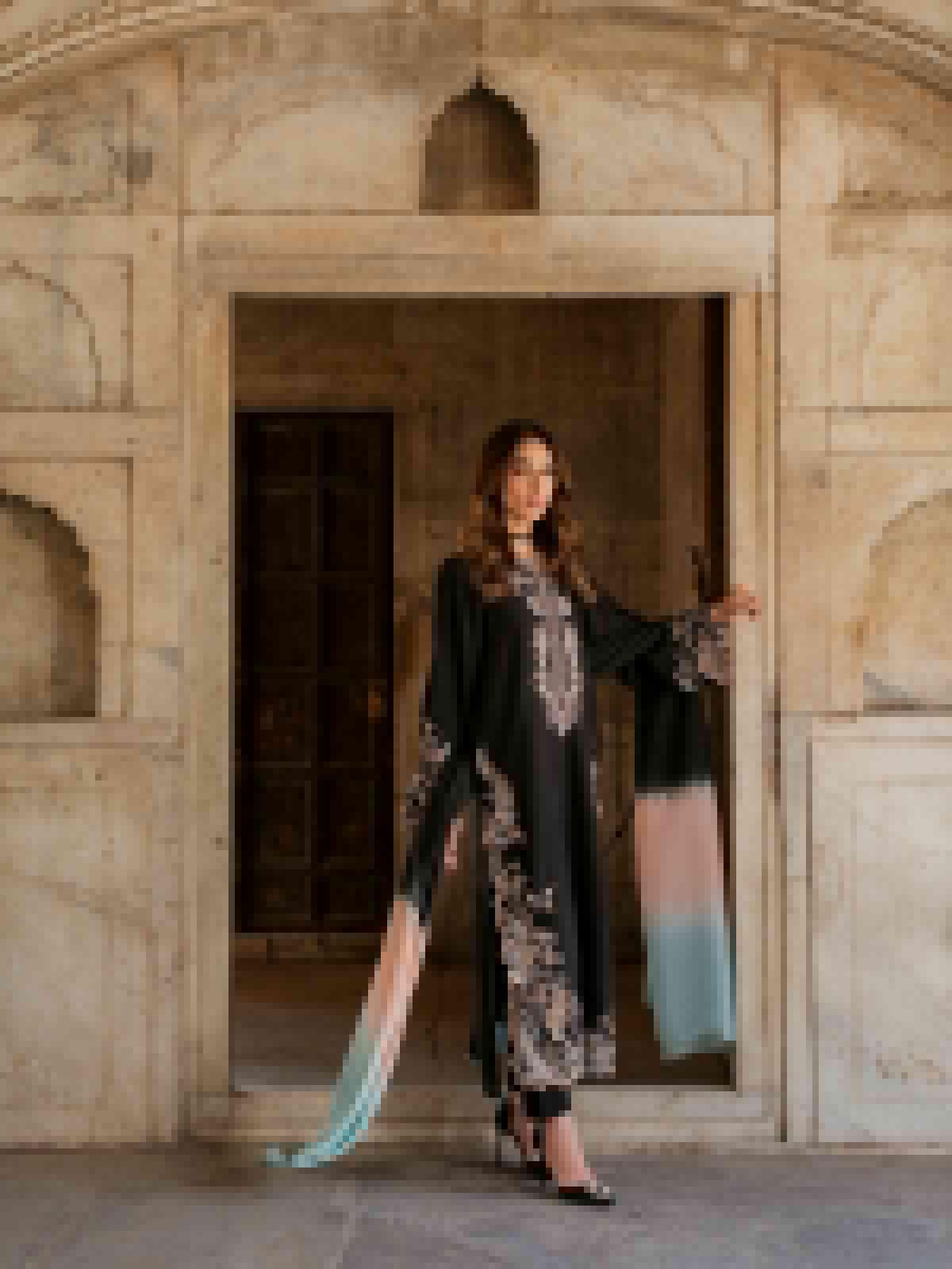 Black embroidered satin rayon kaftan set party wear look with shaded dupatta