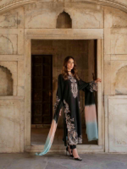 Black embroidered satin rayon kaftan set party wear look with shaded dupatta