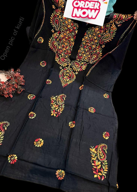 Black Luchnawi Chikankari Kurti and Pant Set Rayon Cotton Fabric Plus Size Beautiful multi color work - Inayakhan Shop 