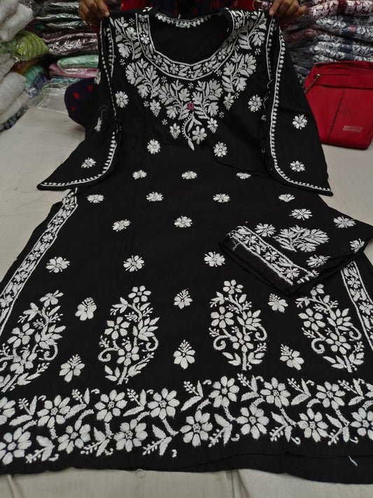 Black Lucknowi Chikankari Ghasspatti Handwork Kurti Pant Set with Designer Dori Sleeves - Inayakhan Shop 