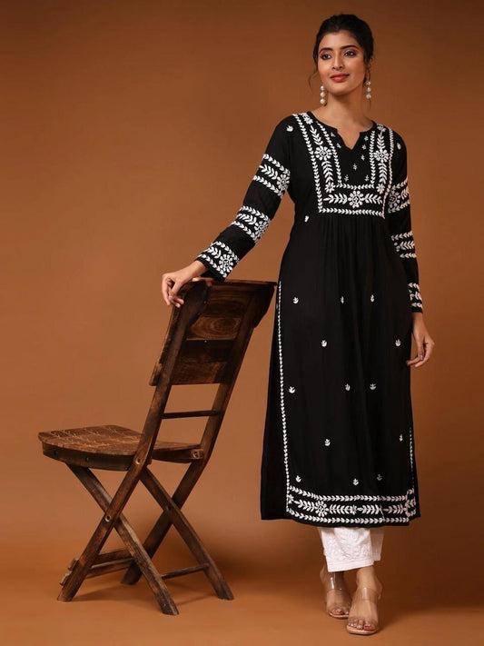 Black Luxe Modal Bangle Work Kurti & Pant Plus Sizes available - Inayakhan Shop 