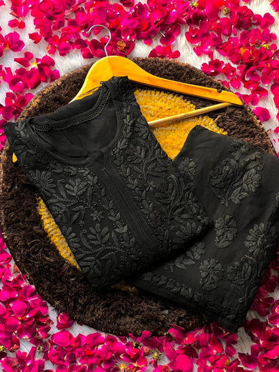 Black Luxurious 3D Viscose Chikankari Kurti and Plazo Set