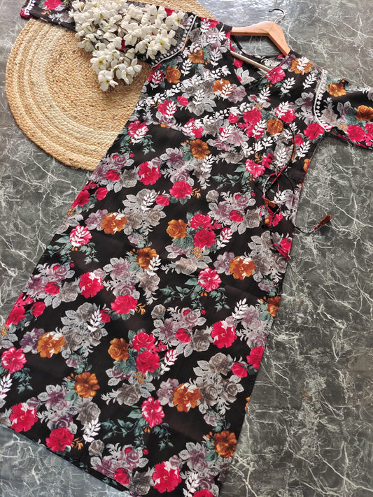 Black Mulmul Angarkha Style Floral Dori Long Chikankari Kurtis ✨ - Inayakhan Shop 