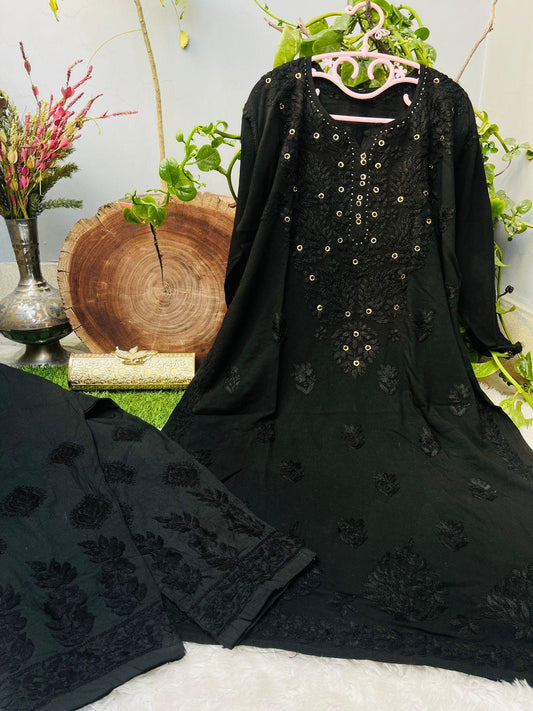 Black Opulent Rayon Set with Ring Mukesh Work Upto 5XL Plus size - Inayakhan Shop 
