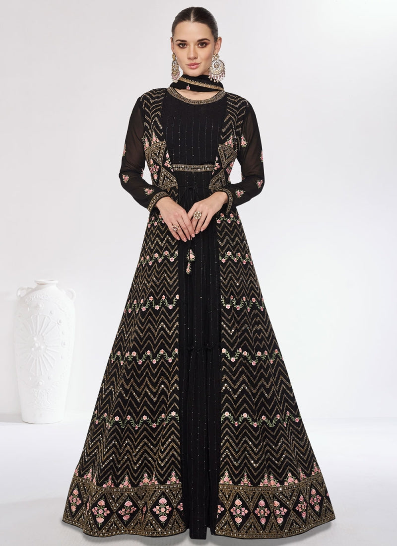 Premium Black Party Wear Long Kurti Palazzo Dupatta Set