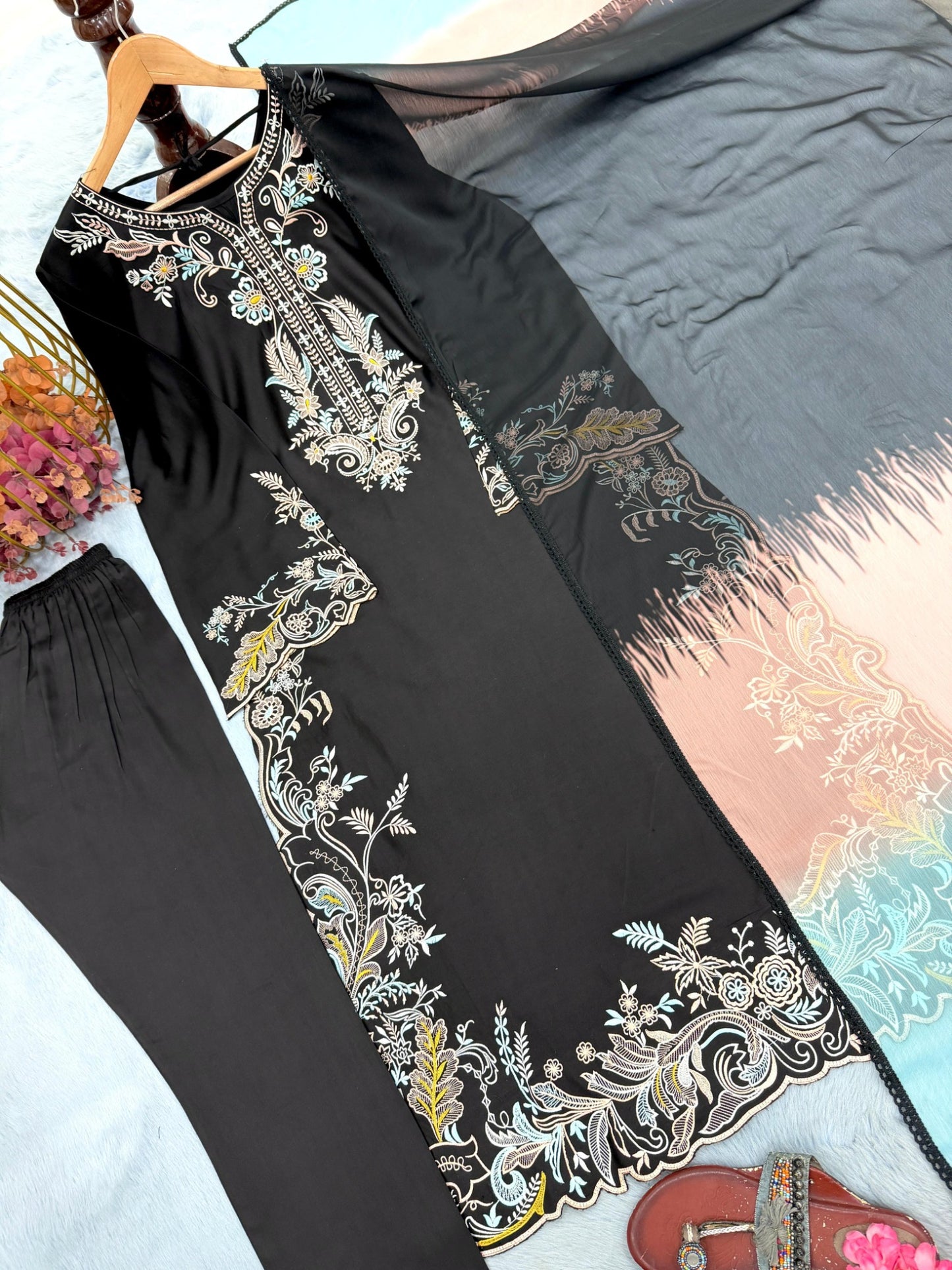 Black party wear embroidered kaftan set with shaded chiffon georgette dupatta